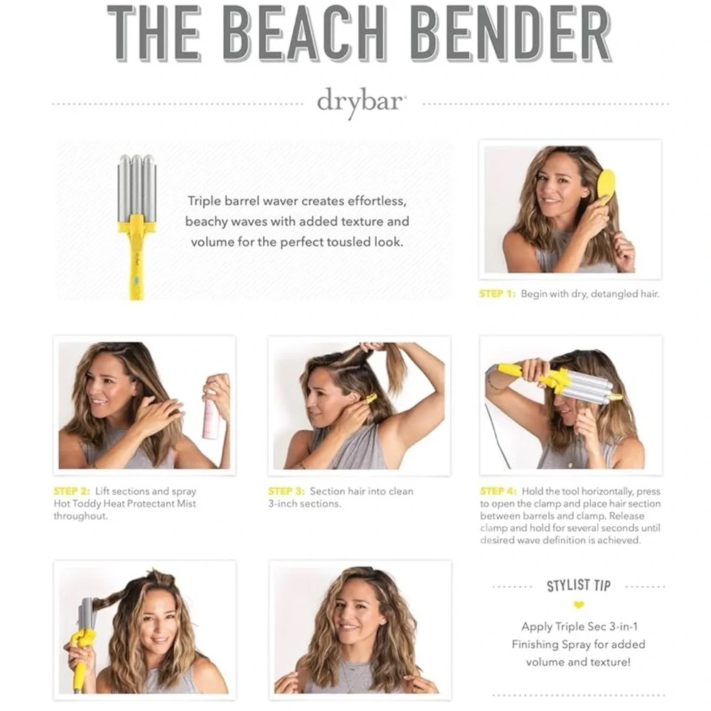 Drybar Triple Barrel Waver-The Beach Bender. Yellow. Digital temperature control